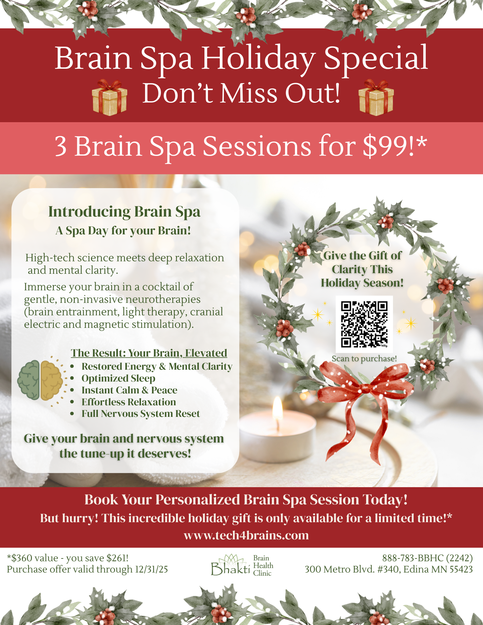 Brain Spa Holiday Gift Package 3 - 1 hour spa sessions