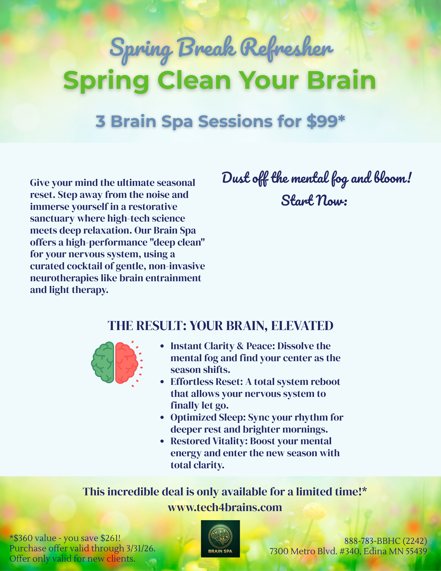 Spring Clean Your Brain - 3 Brain Spa Sessions for $99