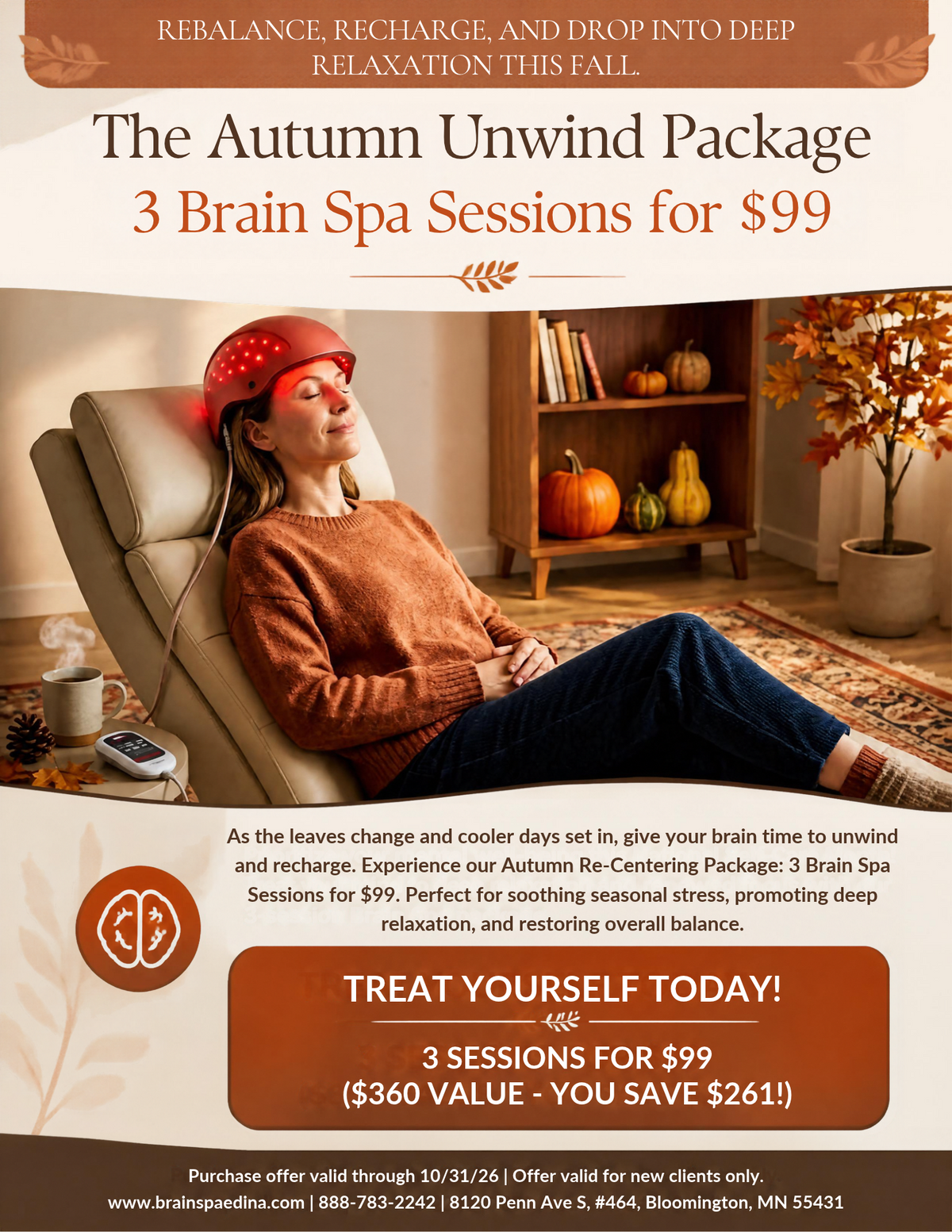 The Autumn Unwind Package | 3 Brain Spa Sessions for $99